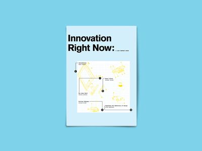 A mockup of a magazine on a baby blue background with technical drawing style illustrations on grid paper with the heading: "Innovation Right Now: A 21st Century Guide"