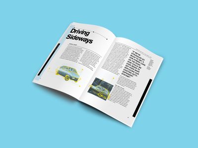 Mockup of a magazine spread with an article titled "Driving Sideways." The article features images of vintage cars with illustrative sketches on top. 